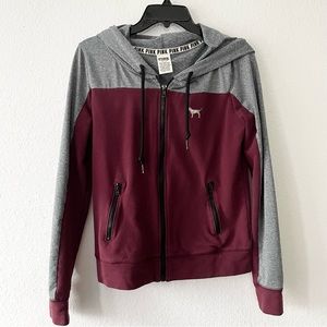 PINK Victoria’s Secret Maroon Gray Zip Up Drawstring Hoodie Women's Size Small